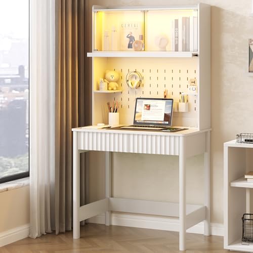 31.5-inch Compact Computer Desk with Hutch, LED Lamp and Charging Station