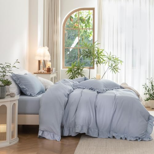 Ruffle Duvet Cover Set Queen - 100% Washed Cotton, 3 Pieces