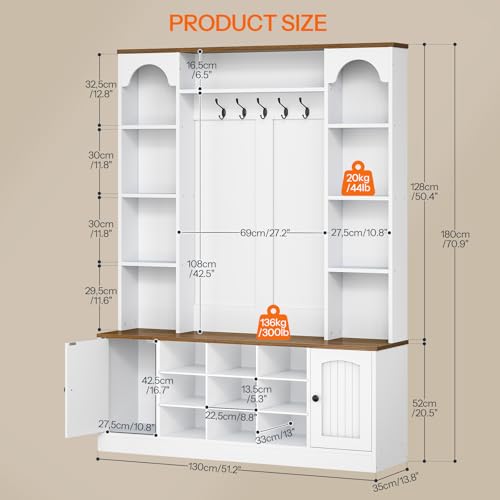 51-Inch Hall Tree with Bench and Shoe Storage, Entryway Coat Rack Organizer