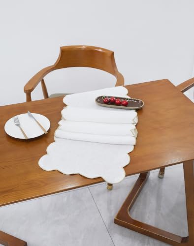 AORISSI 14x120 Inch White Linen Table Runner with Gold Edges, Rustic Embroidery, 100% Natural Flax