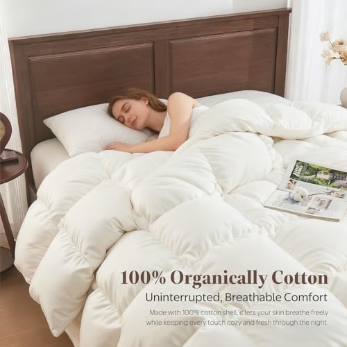 Goose Feather Down Comforter Queen Size - All Season Organic Cotton Duvet Insert