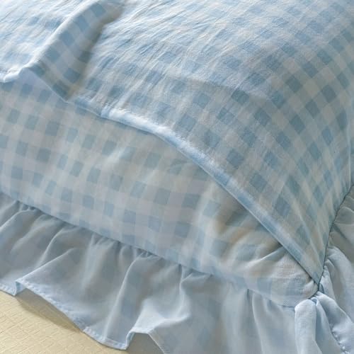 Light Blue Gingham Twin Duvet Cover Set with Ruffles - Plaid Bedding