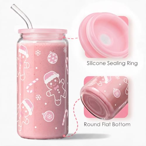 SANDJEST Christmas Gingerbread 16oz Glass Tumbler with Lid & Straw - Holiday Gift