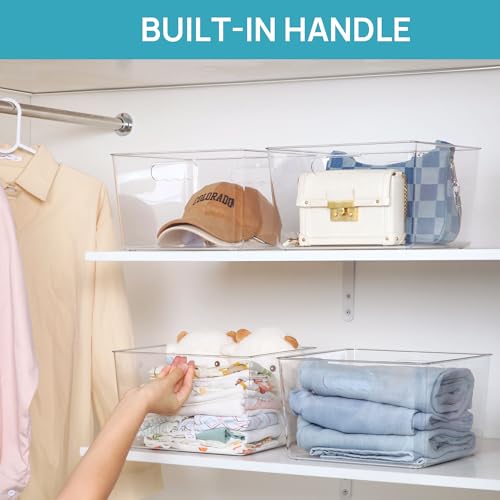 Clear Plastic Storage Bins with Handles 4-Pack Extra Large 11x11 Cube Organizer for Pantry and Closet
