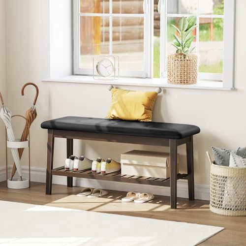 2-Tier Bamboo Dining Bench with PU Leather Seat, 39-Inch Entryway Bench