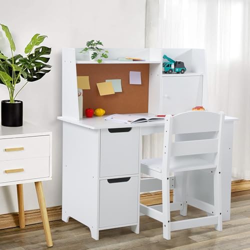 Kids Study Desk and Chair Set with Storage Shelves and Bulletin Board