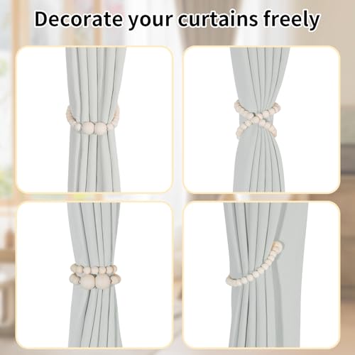Wood Bead Curtain Tiebacks, 4 Pack Boho Farmhouse Drapery Holdbacks