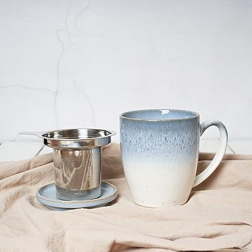 Bosmarlin Blue Ceramic Tea Mug with Infuser & Lid 16 Oz Gradient Glaze