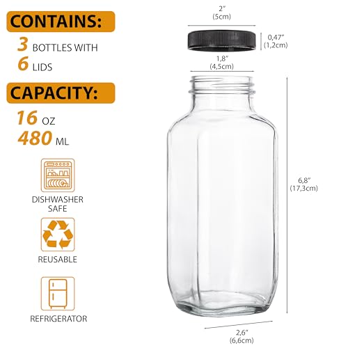 16 oz Glass Juice Bottles with Lids, Set of 3 Leakproof Reusable Containers