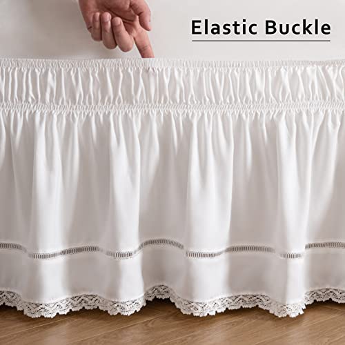 Wrap Around Ruffled Lace Bed Skirt - Elastic Dust Ruffle (15-Inch Drop, White)