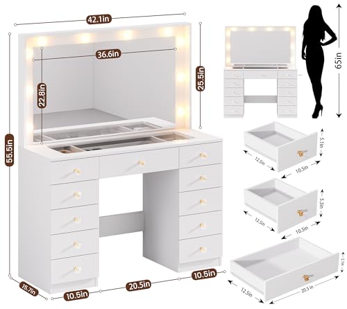 Vanity Desk with Large Lighted Mirror, 11 Drawers and Power Outlet