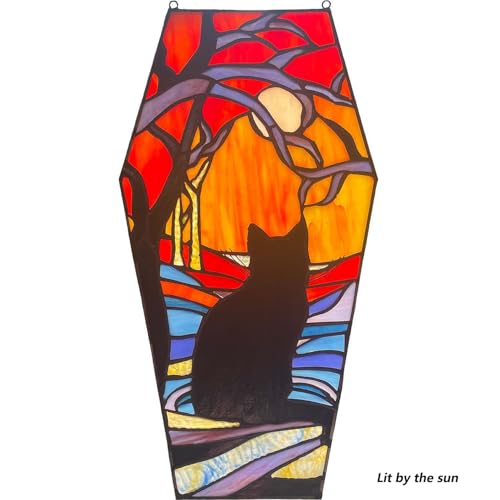 Coffin Shaped Stained Glass Panel - Black Cat and Full Moon