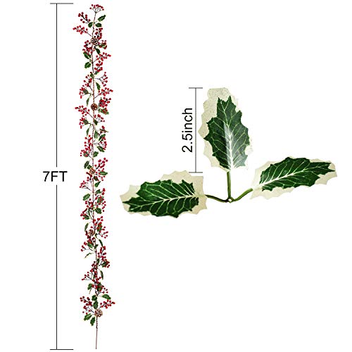 7FT Red Berry & Pine Cone Christmas Garland for Indoor Outdoor Holiday Decor