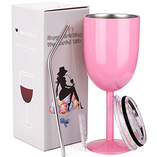 AMZUShome Light Pink 10oz Double Walled Insulated Stainless Steel Wine Glass with Lid & Straw