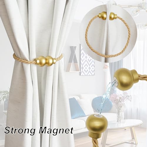 Gold Magnetic Curtain Tiebacks - 2 Pack Modern Woven Rope Holdbacks