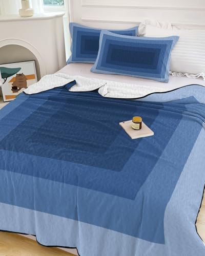 Twin XL 3D Optical Illusion Quilt Bedding Set - Blue Geometric Comforter with Pillowcases