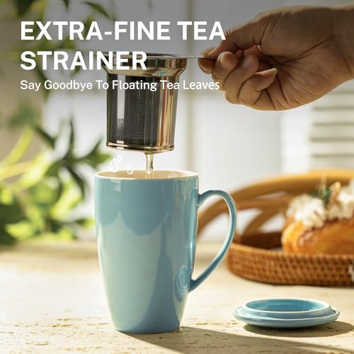 Sea Blue Sweese 15oz Porcelain Tea Mug with Infuser & Lid – Microwave Safe, Lead-Free