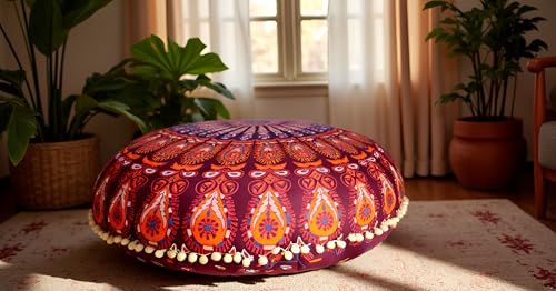 32-Inch Round Bohemian Floor Pillow Cover, Boho Mandala Cotton Cushion Case