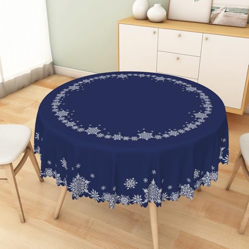 Christmas Round Tablecloth 54 Inch Navy Blue & White Snowflakes Reusable Fabric Cover