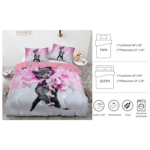 Twin Cat Comforter Set for Kids - Cute Pink Bedding 3Pcs