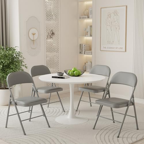 Padded Folding Chairs 2-Pack, Heavy Duty PU Leather Dining Chairs, Grey
