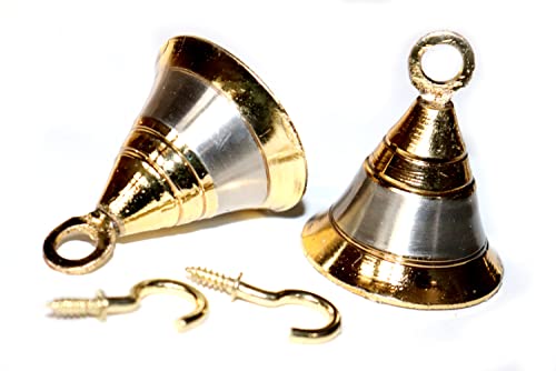 NANNUDECO Brass Pooja Bells with J Hook - 2 Inch Silver & Gold Wall Hanging Christmas Decor (24 Pack)