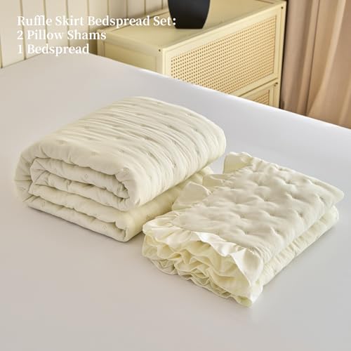Queen Size Ruffled Bed Skirt Set with 30" Drop – Beige