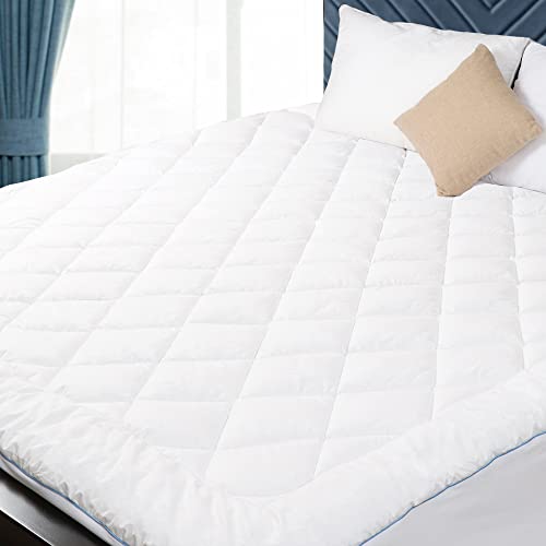 Queen Mattress Pad - Quilted Cotton Cover with Deep Pocket