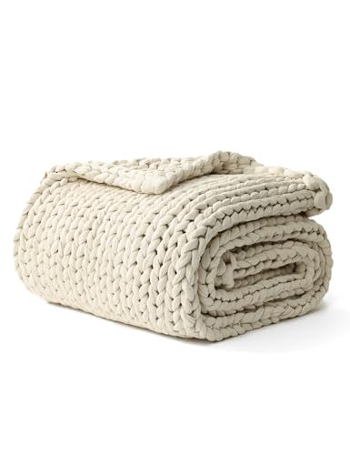 Chunky Knit Weighted Blanket, 10lb Cotton Sensory Throw, Cream White