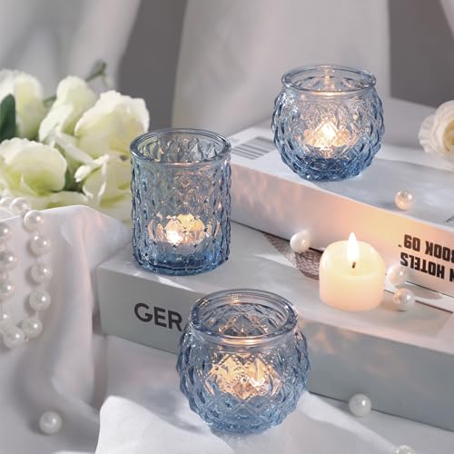 Blue Glass Votive Candle Holders Set of 24 - Textured Design for Weddings & Parties