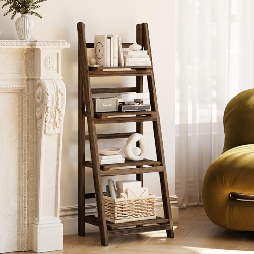 4-Tier Foldable Solid Wood Ladder Shelf, Portable Bookshelf & Plant Stand