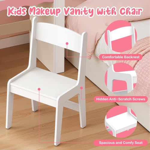 Kids Vanity Table and Chair Set with LED Mirror and Storage, Pink and White