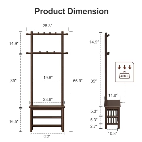 Wooden Hall Tree with Bench, 11-Hook Coat Rack and 2-Tier Shoe Storage