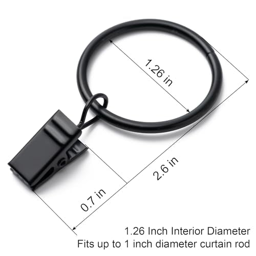 36-Pack Black Curtain Rings with Clips, 1.26-Inch Internal Diameter