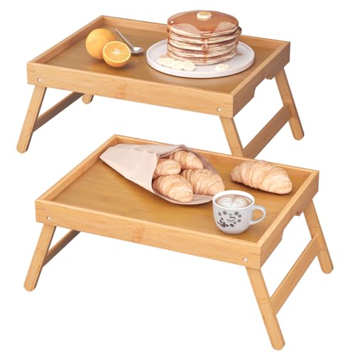 Bamboo Bed Tray Table with Folding Legs, Set of 2 Breakfast Trays
