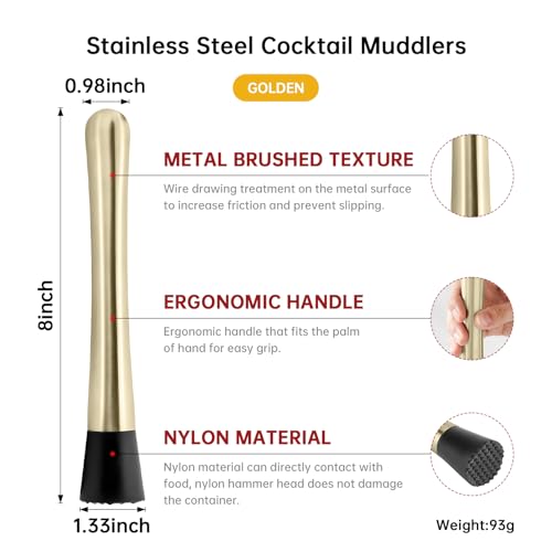 Eispap 8 Inch Gold Stainless Steel Cocktail Muddler & Mixing Spoon Set