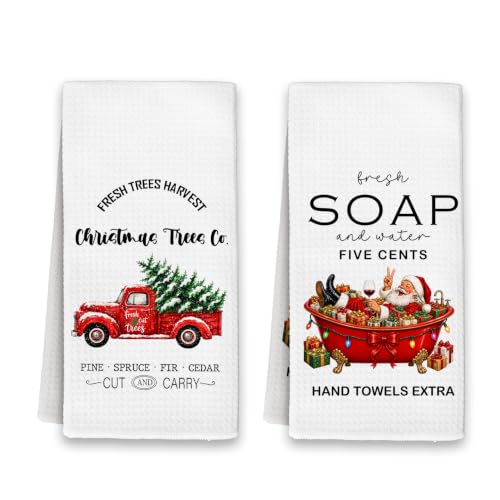 Christmas / 2 Red Truck Bathroom Towels Set - 16x24 Inches, Decorative Hand Towels