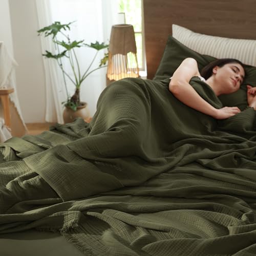 100% Cotton Muslin Blanket - Soft Lightweight 4-Layer Throw, Olive Green, 108" x 98"
