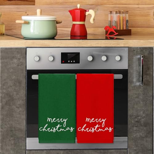 Christmas Embroidered Cotton Hand Towels Set 2 Pack Red Green Holiday Decor