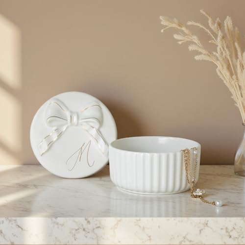 Ceramic Jewelry Box with Gold Bow Lid, White Porcelain Vanity Organizer