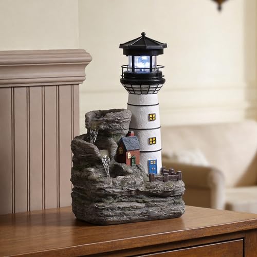 Coastal Lighthouse Tabletop Water Fountain with Blue LED Light