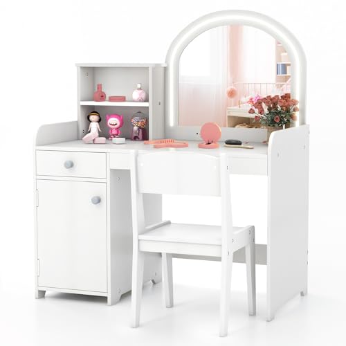 Kids Vanity Set with Lighted Mirror, Chair, and Storage - White Wooden Desk