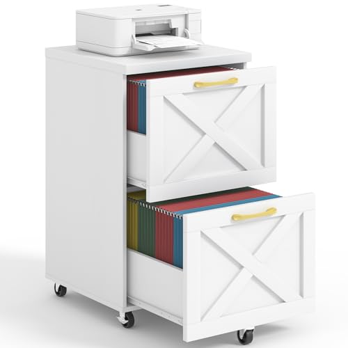 2-Drawer Rolling File Cabinet, Farmhouse Under Desk Printer Stand - White