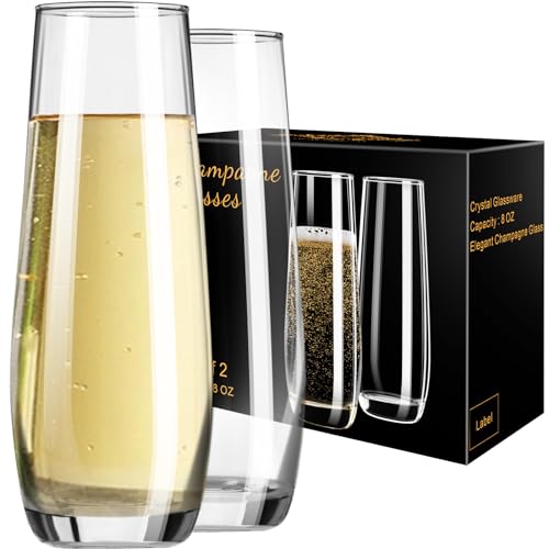 PARACITY Set of 2 8oz Stemless Champagne Flutes - Hand Blown Clear Glass for Cocktails & Sparkling Wine