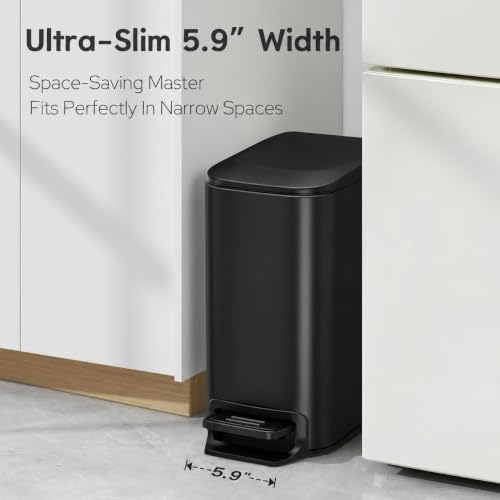 Small Bathroom Trash Can with Lid 1.6 Gal Slim Matte Black Steel