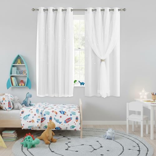 NICETOWN Moon & Star Cut-Out Blackout & Sheer Curtain Panels, 52x63, Greyish White, 2 Pack