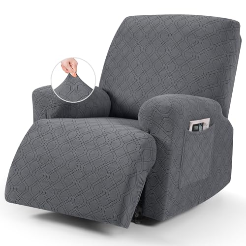 Stretch Recliner Chair Cover - 3-Piece Soft Slipcover with Pocket, Dark Gray