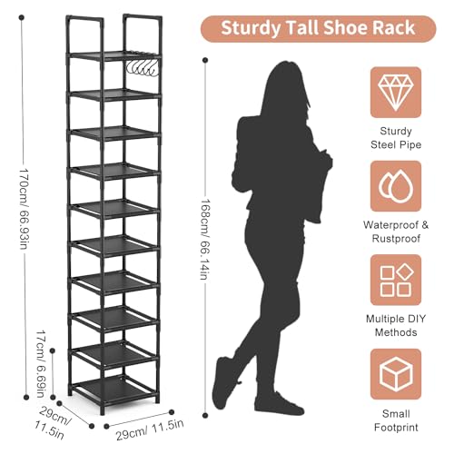 10-Tier Tall Narrow Shoe Rack, Metal Space Saving Entryway Shoe Organizer