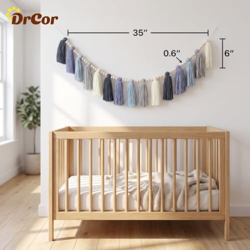 Dusty Blue Tassel Garland with Wood Beads - 35-Inch Boho Wall Decor