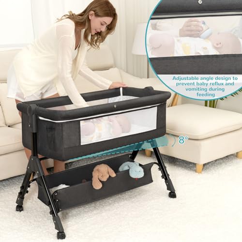 3-in-1 Portable Baby Bassinet & Bedside Sleeper with Wheels - Dark Grey